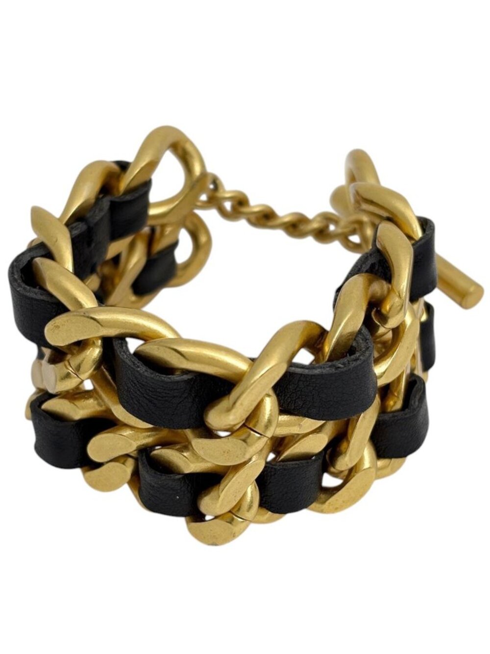 Chanel Double Chain Bracelet Leather Gold Black